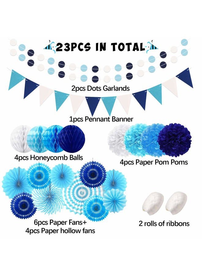 Marwey Navy Blue Party Decoration,23Pcs Hanging Paper Fans,Pom Poms Flowers,Garland String Polka Dot and Triangle Bunting Flag Packs for Boy Birthday, Bridal Shower,Baby Boy Showers,Wedding - Image 2