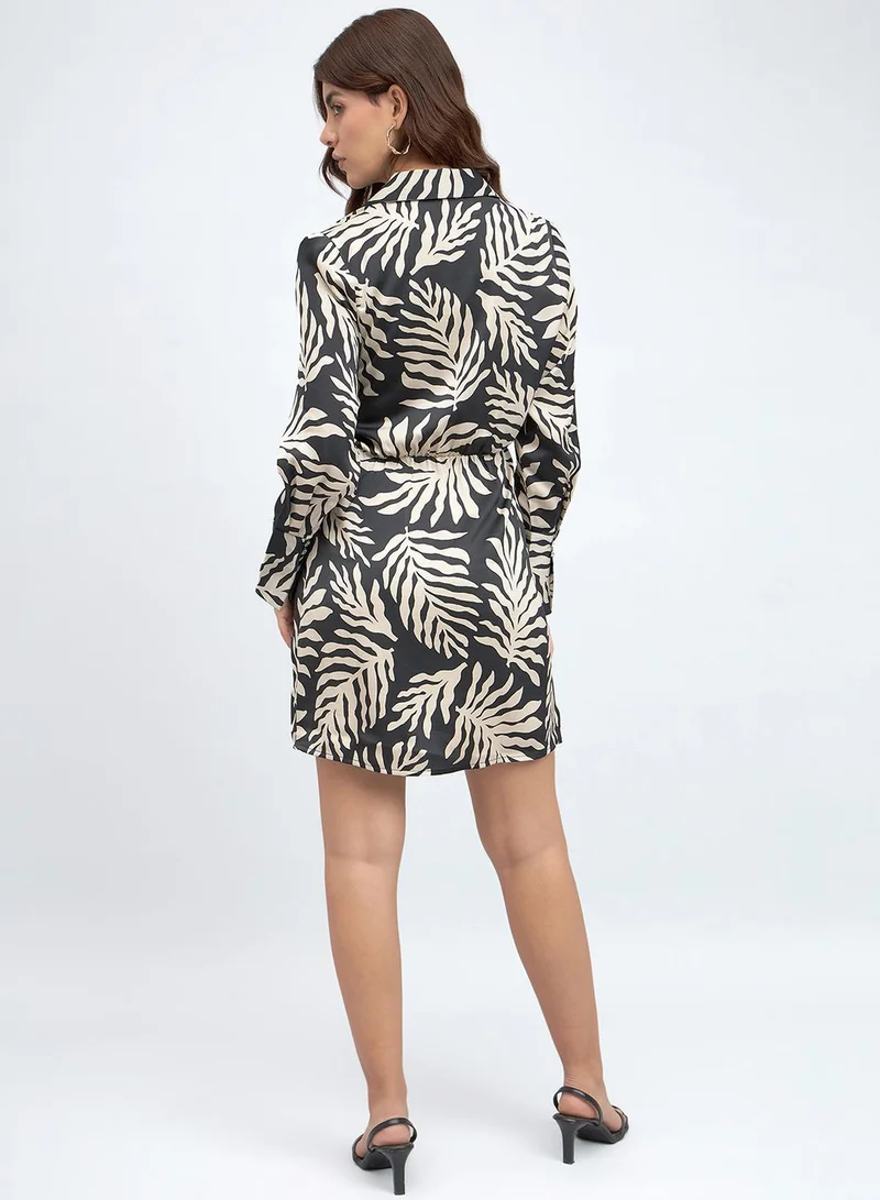 Dennis Lingo Black Regular Fit Wrap Dress for Women - Polysatin Crepe, Full Sleeves, Printed, Casual