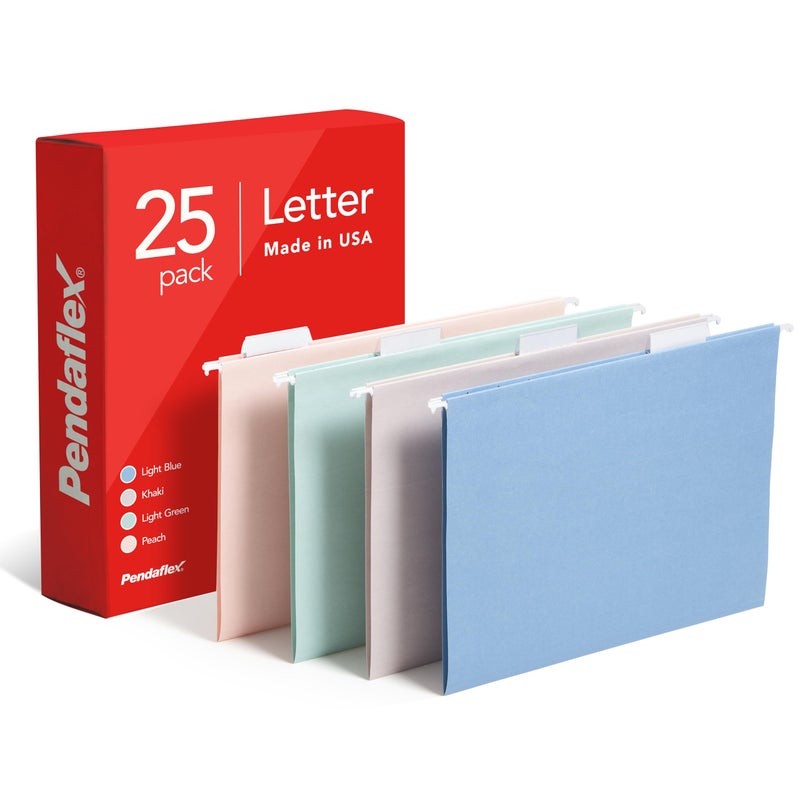 Pendaflex بندافليكس ملفات معلقة، 25 عبوة، بحجم ورقة (8.5" × 11")، ألوان متنوعة: كاكي، خوخي، أزرق فاتح، أخضر فاتح، 5 مواقع علامات تبويب، تشمل علامات تبويب وإدخالات، ملفات معلقة متينة - Image 1