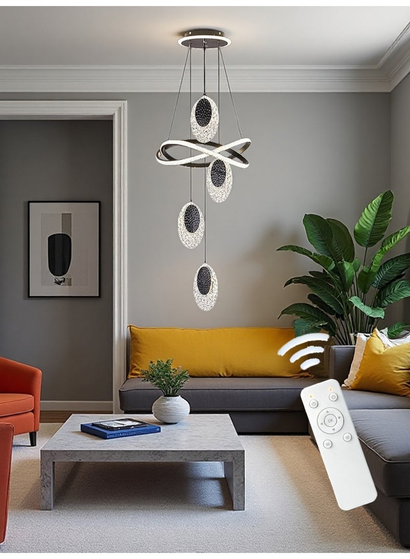An LED pendant light with 4 elliptical lamp heads, offering three lighting colors to choose from, adjustable in height, and supporting remote control. Suitable for restaurants, bedrooms, living rooms and public activity areas. - Image 1