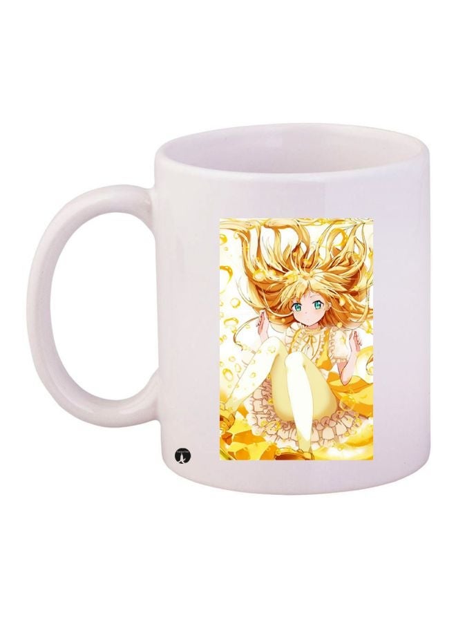 RYN Cartoon Girl Printed Coffee Mug White/Gold/Beige 11ounce