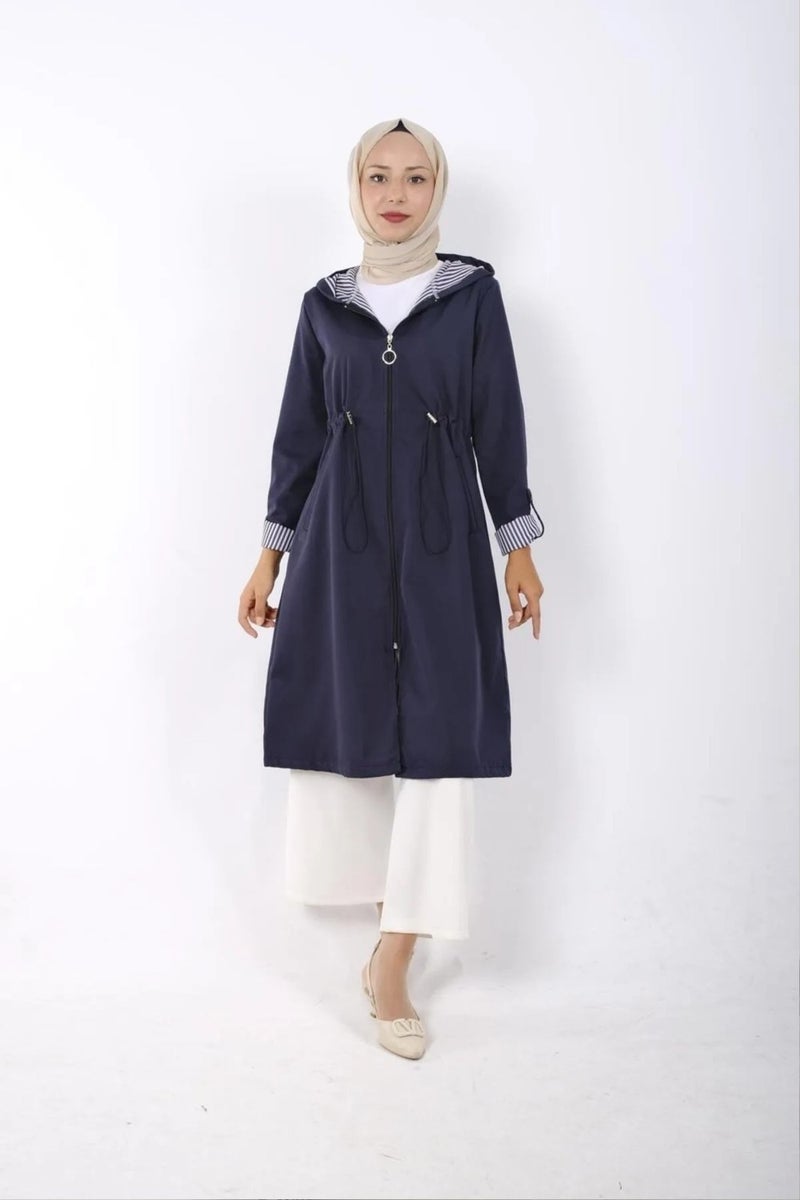 Swana Women's Elastic Waist Detailed Zippered Hooded Trench Coat - Image 1