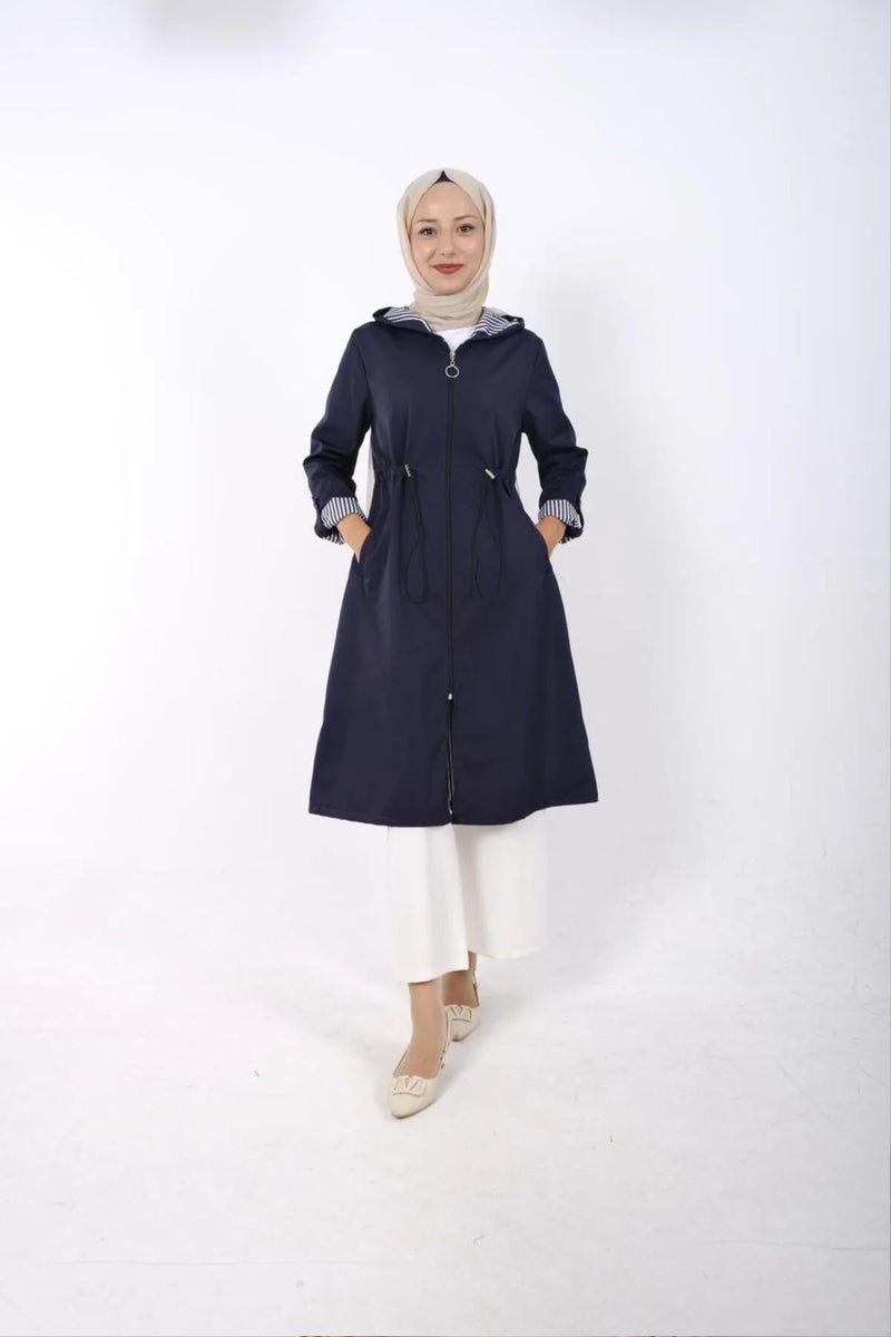 Swana Women's Elastic Waist Detailed Zippered Hooded Trench Coat - Image 3