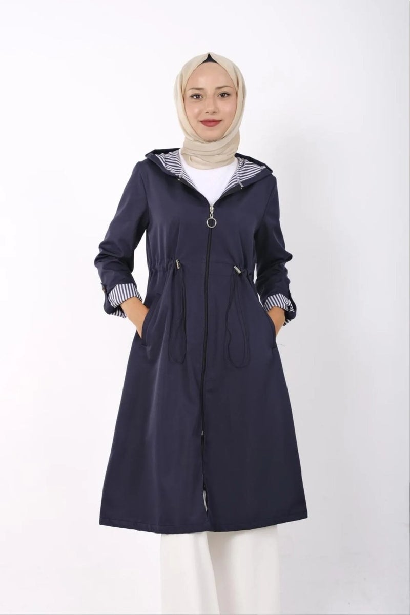 Swana Women's Elastic Waist Detailed Zippered Hooded Trench Coat - Image 5