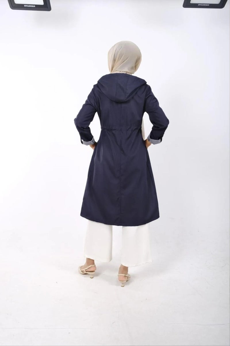 Swana Women's Elastic Waist Detailed Zippered Hooded Trench Coat - Image 4