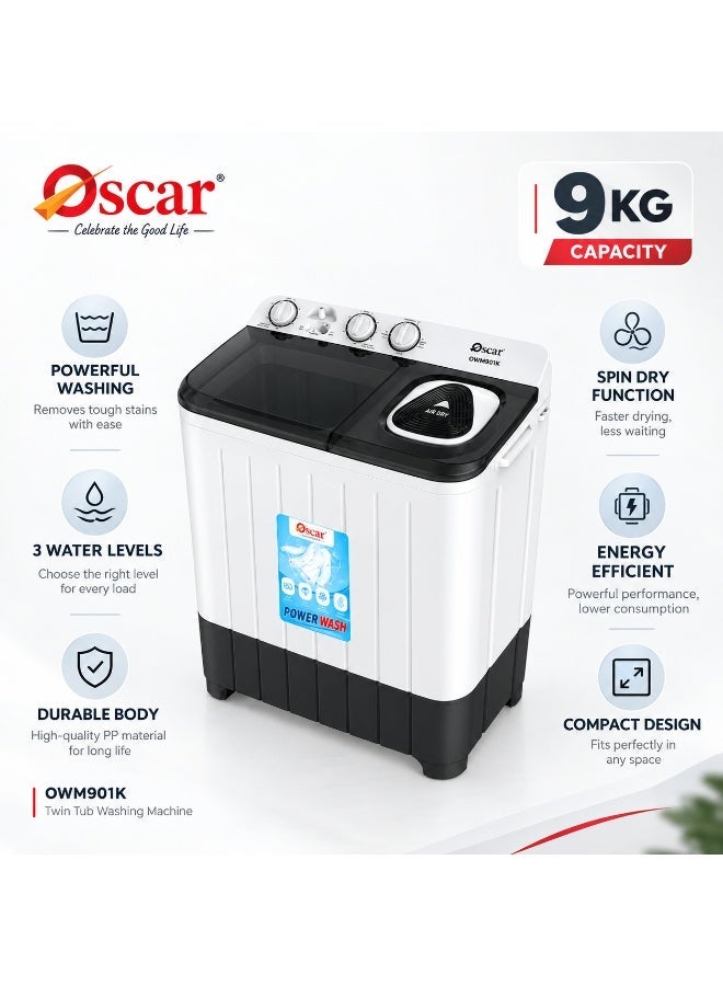 OSCAR 9KG Semi Automatic Twin Tub Washing Machine, 5KG Spin Capacity, 3 Water Levels, Powerful Motor, Energy Saving, Compact Design, Ideal for Home Use | Black/White - OWM901K | 1 Year Warranty - Image 4