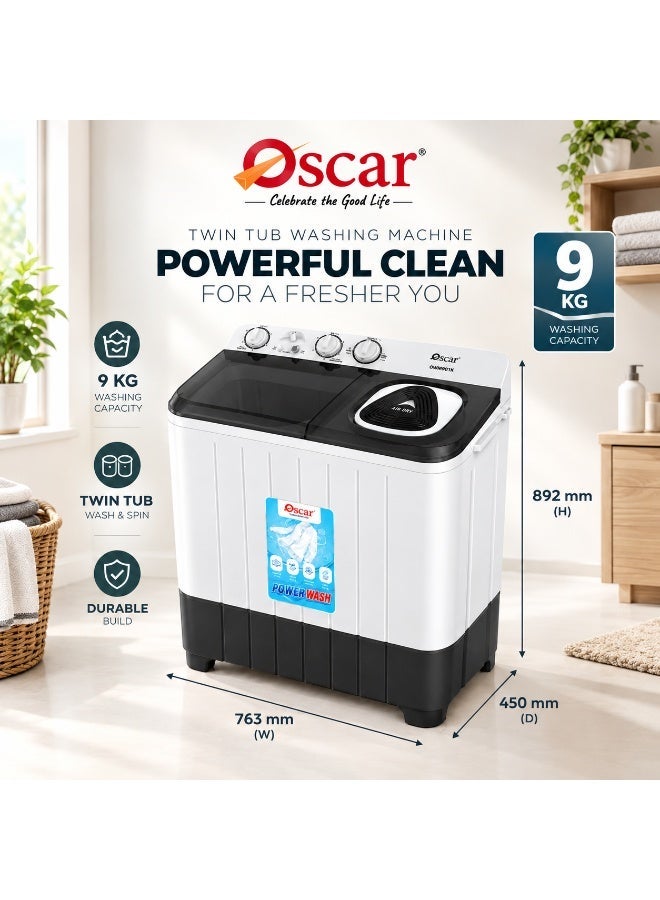 OSCAR 9KG Semi Automatic Twin Tub Washing Machine, 5KG Spin Capacity, 3 Water Levels, Powerful Motor, Energy Saving, Compact Design, Ideal for Home Use | Black/White - OWM901K | 1 Year Warranty - Image 1