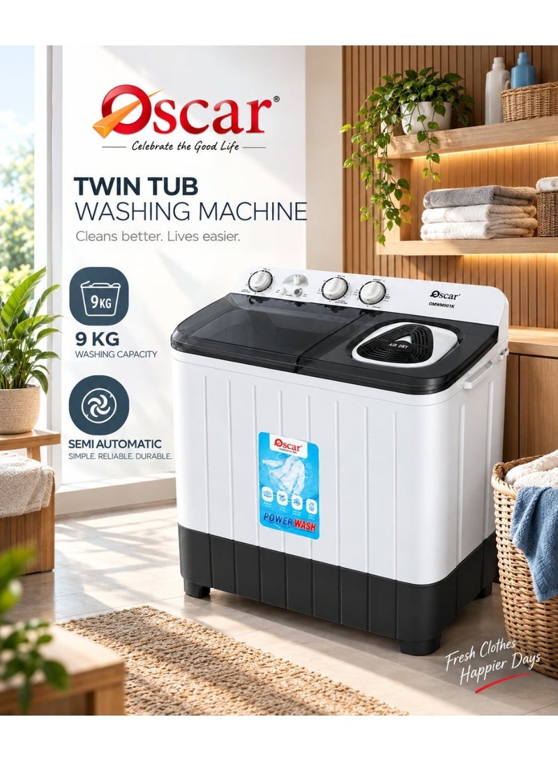 OSCAR 9KG Semi Automatic Twin Tub Washing Machine, 5KG Spin Capacity, 3 Water Levels, Powerful Motor, Energy Saving, Compact Design, Ideal for Home Use | Black/White - OWM901K | 1 Year Warranty - Image 3