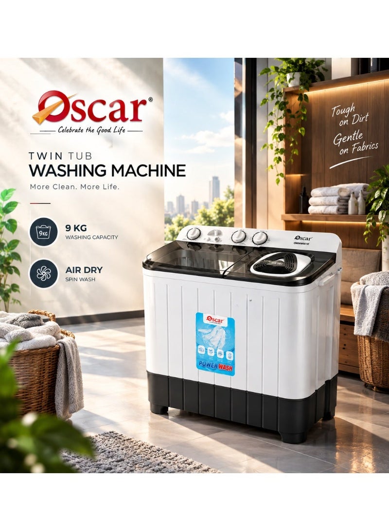 OSCAR 9KG Semi Automatic Twin Tub Washing Machine, 5KG Spin Capacity, 3 Water Levels, Powerful Motor, Energy Saving, Compact Design, Ideal for Home Use | Black/White - OWM901K | 1 Year Warranty - Image 2