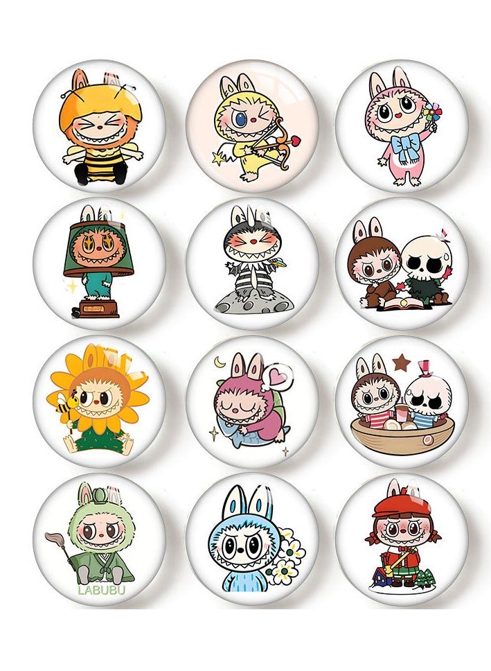 12 قطعة لطيف LABUBU الثلاجة المغناطيس DIY جولة الوقت الأحجار الكريمة بقع الزجاج