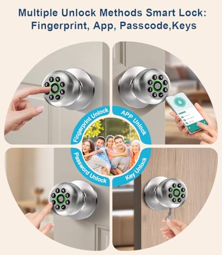 KLLOQUE Fingerprint Door Lock, Smart Fingerprint Door Knob with Keypad, Biometric Door Lock with App Control, Auto Lock Door Lock with Code, Keyless Door Knob with Lock for Bedroom, Home,Office-Satin Nickel - Image 2