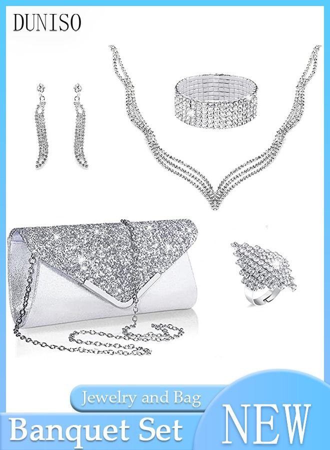 DUNISO 5Pcs Clutch Bag Rhinestone Jewelry Set with Necklace Earrings Bracelets Ring Rhinestone Purse Bag Glitter Evening Bag Wedding Bridal Bridesmaid Costume Jewelry Set for Women and Girls Dress Accessorie - Image 1