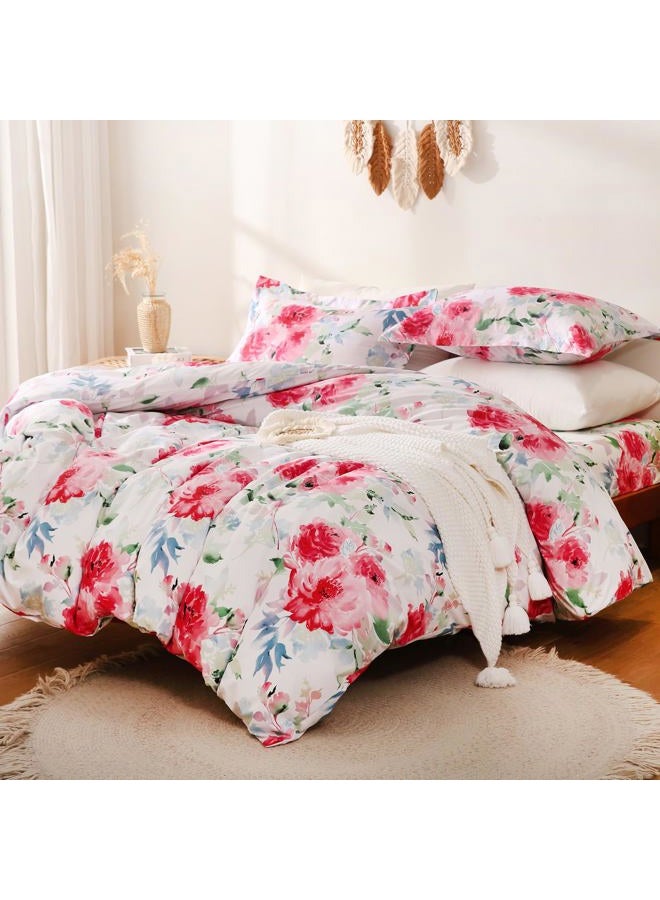 JSD Rose Floral Duvet Cover Set Queen Size, 3 Piece Soft Printed Microfiber Comforter Covers Zipper Closure - Image 1