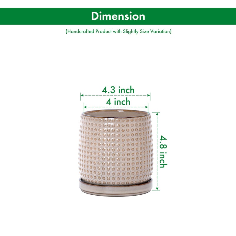 D'vine Dev 4 Inch Ceramic Beaded Stoneware Planter Pot - Flower Pot with Drainage Holes and Saucers for Indoor Succulent Plants or Flowers, Light Brown, 27-C-Z-4 - Image 3