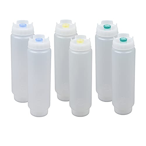 FIFO Innovations FIFO Squeeze Bottle Refillable 16 oz | 2 Green 2 Yellow 2 Blue Tip Small Valve Dispenser for Thin Condiments, Sauces, Batter and Dressing | Self Sealing No Drip No Hassle | Variety Pack ( 6 Pack ) - Image 1