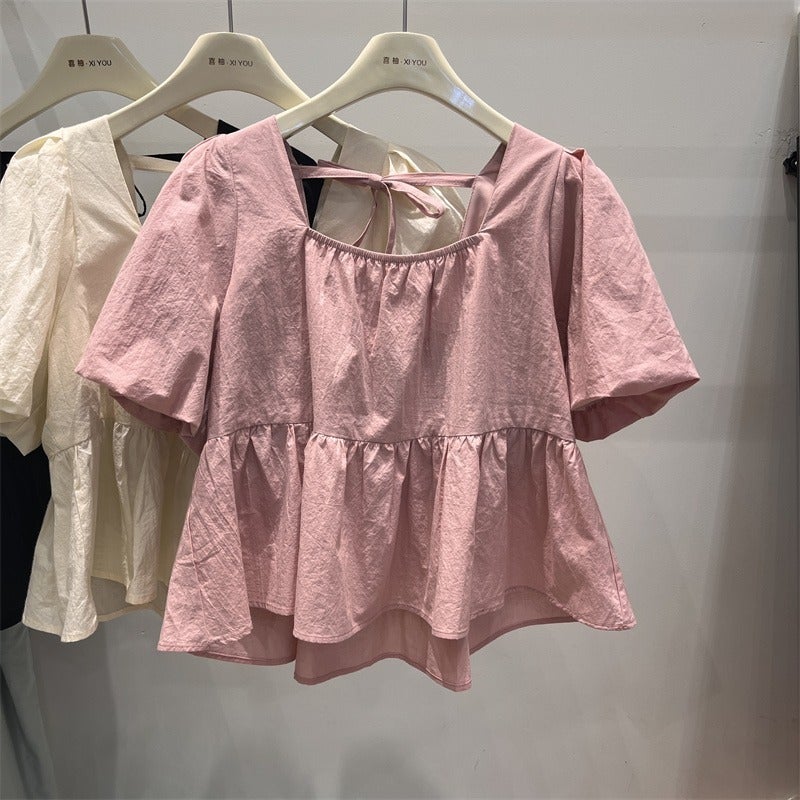 2025 French Short Puff Sleeve Babydoll Shirt For Women Summer Fairy Square Collar Chiffon Shirt Design Short Sleeve Shirt - Image 2