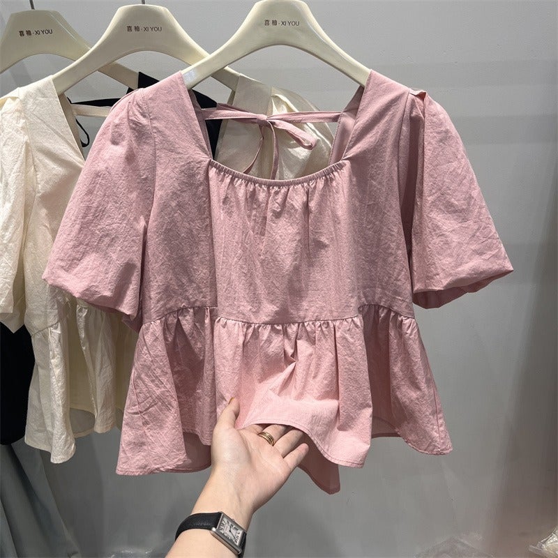 2025 French Short Puff Sleeve Babydoll Shirt For Women Summer Fairy Square Collar Chiffon Shirt Design Short Sleeve Shirt - Image 4
