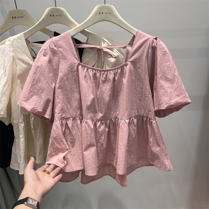 2025 French Short Puff Sleeve Babydoll Shirt For Women Summer Fairy Square Collar Chiffon Shirt Design Short Sleeve Shirt - Image 3