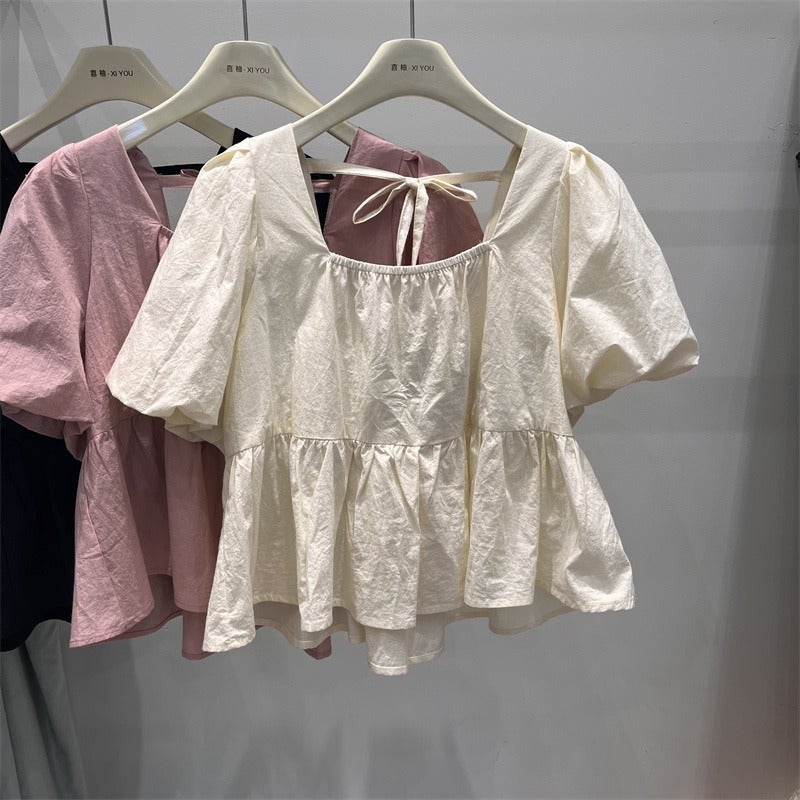 2025 French Short Puff Sleeve Babydoll Shirt For Women Summer Fairy Square Collar Chiffon Shirt Design Short Sleeve Shirt - Image 1