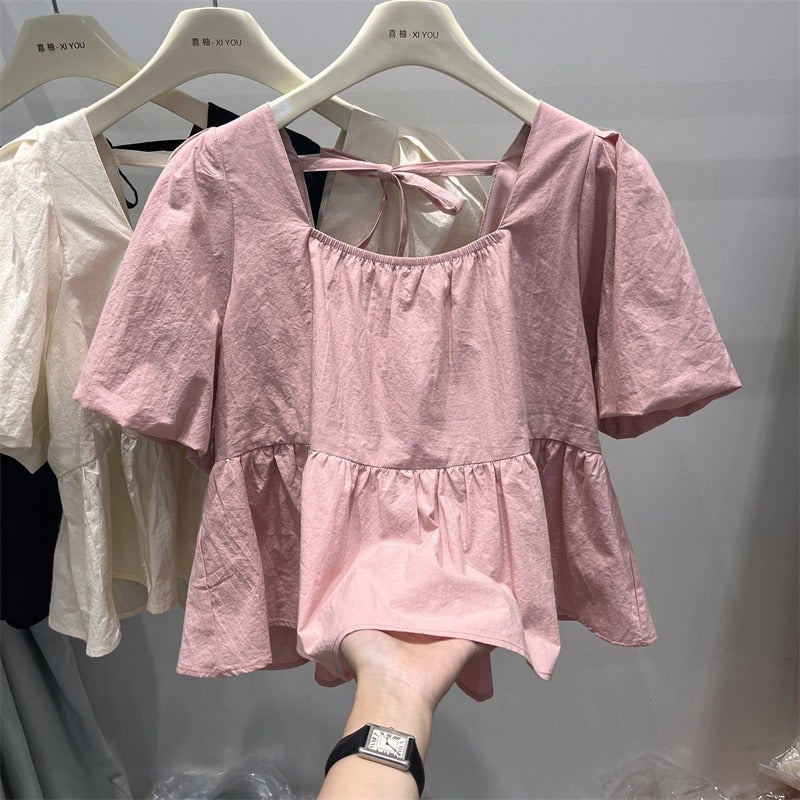 2025 French Short Puff Sleeve Babydoll Shirt For Women Summer Fairy Square Collar Chiffon Shirt Design Short Sleeve Shirt - Image 5