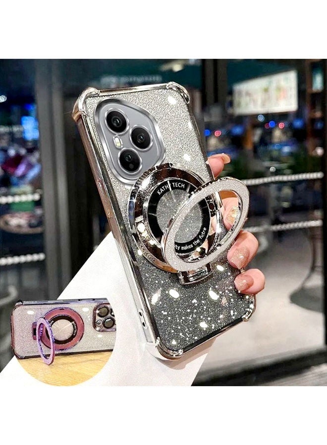 حافظة مغناطيسية لامعة لـ Honor 400 Pro ， واقي عدسة الكاميرا ， حامل براق ， غطاء فاخر متدرج مقاوم للصدمات هونر 400 برو للنساء هدية للفتيات فضي - Image 1