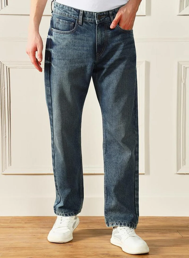 دينيس لينغو Men's Medium Blue 100% Cotton Solid Full Length Relaxed Fit Jeans