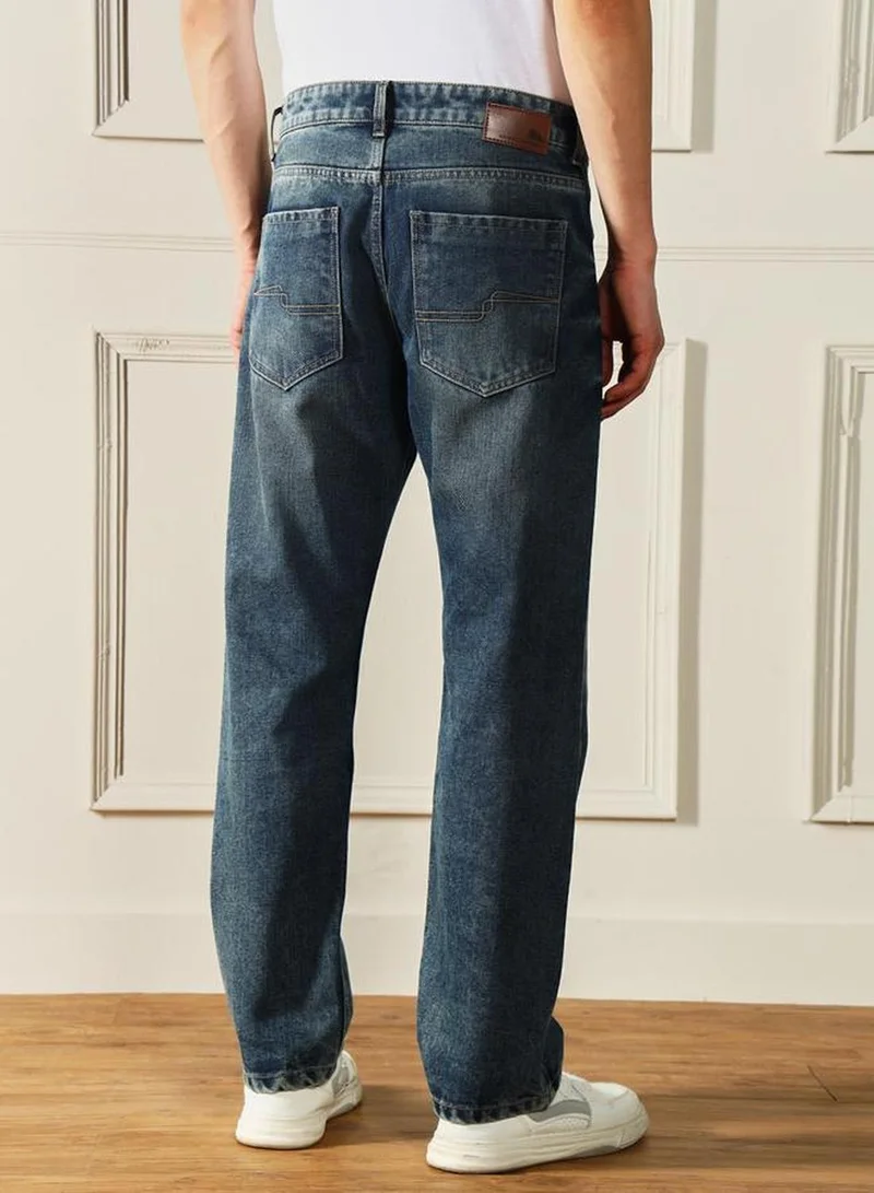 دينيس لينغو Men's Medium Blue 100% Cotton Solid Full Length Relaxed Fit Jeans
