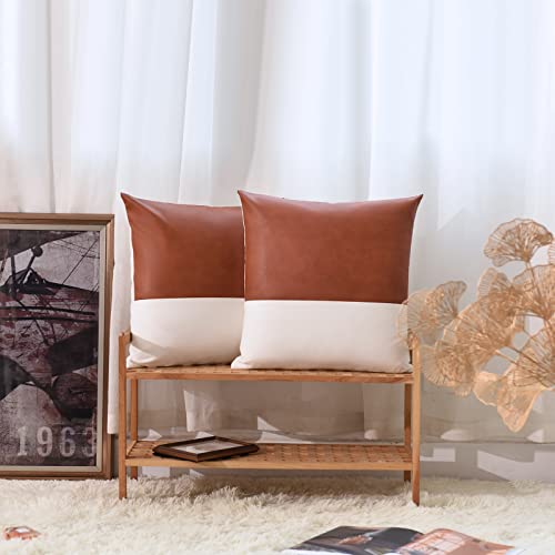 Tosewever Faux Leather/Cotton Throw Pillow Covers, Set of 2 Modern Country Farmhouse Decorative Luxury Boho Pillowcases for Bedroom Living Room Couch Bed Sofa Home Decor (Brown/White, 18" x 18") - Image 3