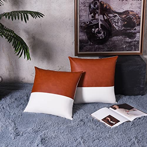 Tosewever Faux Leather/Cotton Throw Pillow Covers, Set of 2 Modern Country Farmhouse Decorative Luxury Boho Pillowcases for Bedroom Living Room Couch Bed Sofa Home Decor (Brown/White, 18" x 18") - Image 4