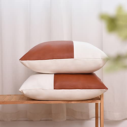Tosewever Faux Leather/Cotton Throw Pillow Covers, Set of 2 Modern Country Farmhouse Decorative Luxury Boho Pillowcases for Bedroom Living Room Couch Bed Sofa Home Decor (Brown/White, 18" x 18") - Image 2