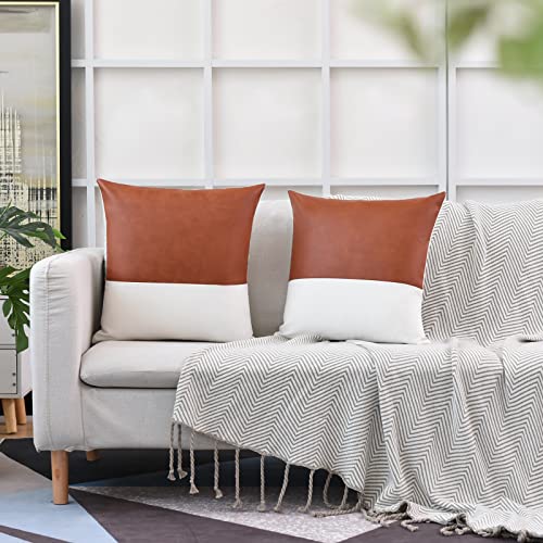 Tosewever Faux Leather/Cotton Throw Pillow Covers, Set of 2 Modern Country Farmhouse Decorative Luxury Boho Pillowcases for Bedroom Living Room Couch Bed Sofa Home Decor (Brown/White, 18" x 18") - Image 5