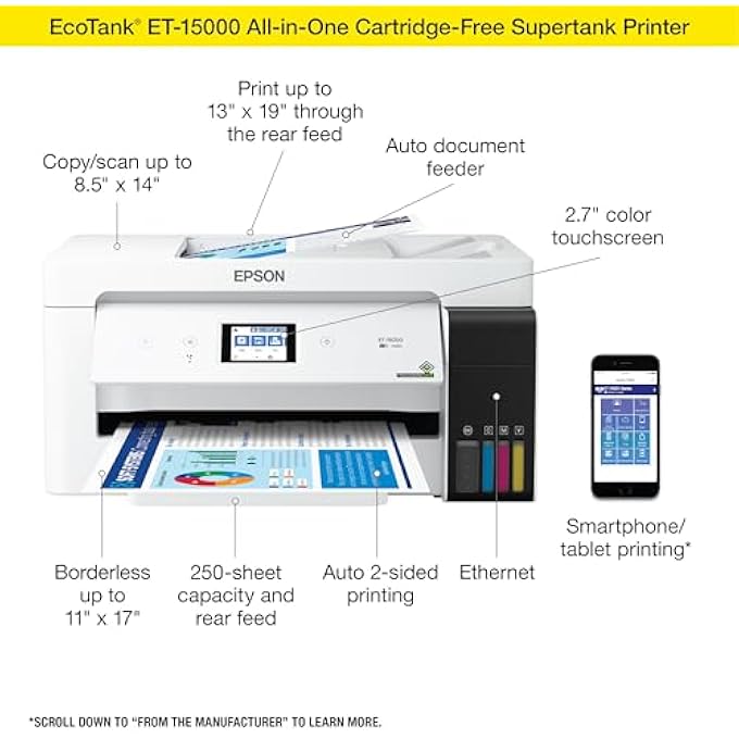 ECOTANK ET-15000 WIRELESS COLOR ALL-IN-ONE SUPERTANK PRINTER WITH SCANNER, COPIER, FAX, ETHERNET AND PRINTING UP TO 13 X 19 INCHES, WHITE - Image 3