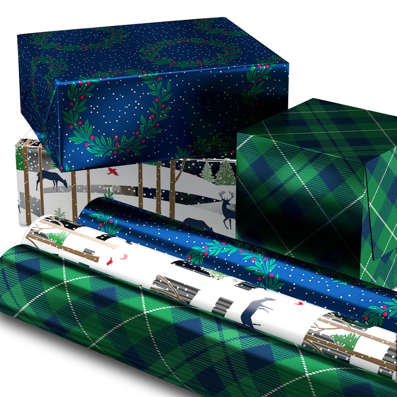 Hallmark Foil Holiday Wrapping Paper with Cut Lines on Reverse 3 Rolls 60 sq ft ttl Woodland Scene with Deer Green and Navy Blue Plaid Wreaths on Navy Blue