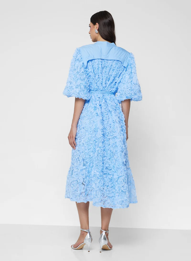 خزانة 3D Floral Shirt Dress With Puff Sleeves