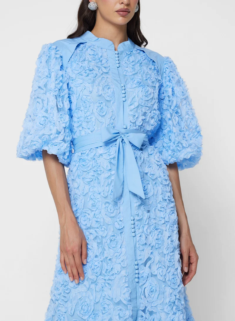 Khizana 3D Floral Shirt Dress With Puff Sleeves