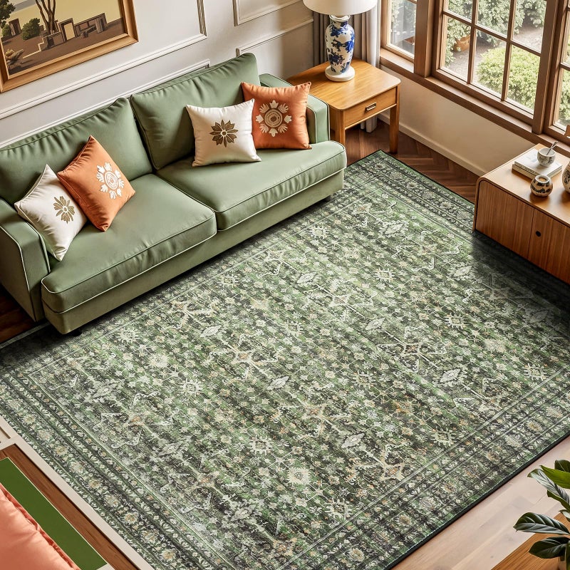Lofus 5x7 Area Rug for Living Room,Green Washable Area Rugs with Non-Slip Backing,Soft Boho Carpets for Bedroom Dining Room Home Office Indoor Nursery - Image 1