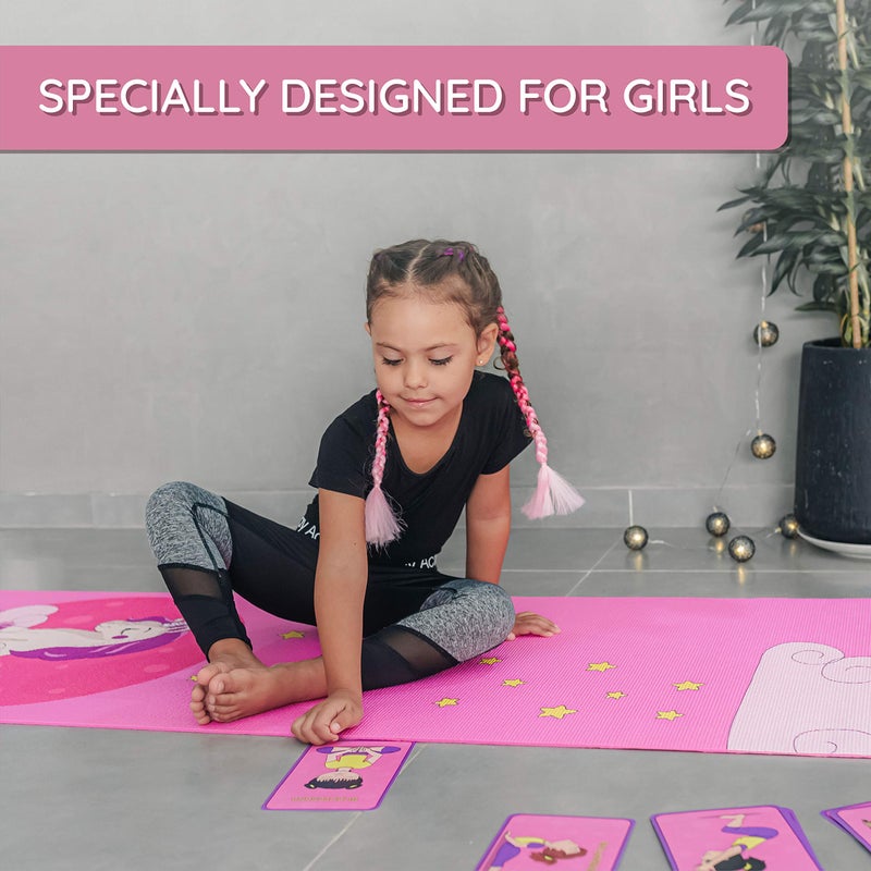 ABTECH Kids Yoga Mat Set - Fun Unicorn Yoga Mat for Girls - Comfortable - Chemical Free - Non-Toxic - Non-Slip - 60 X 24 X 0.2 Inches - w/ 12 Yoga Cards for Kids - Carrier Bag with Strap - Pink - Ages 4-12 - Image 3