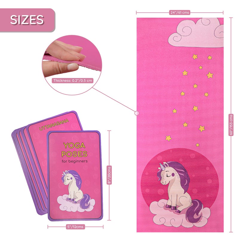 ABTECH Kids Yoga Mat Set - Fun Unicorn Yoga Mat for Girls - Comfortable - Chemical Free - Non-Toxic - Non-Slip - 60 X 24 X 0.2 Inches - w/ 12 Yoga Cards for Kids - Carrier Bag with Strap - Pink - Ages 4-12 - Image 4