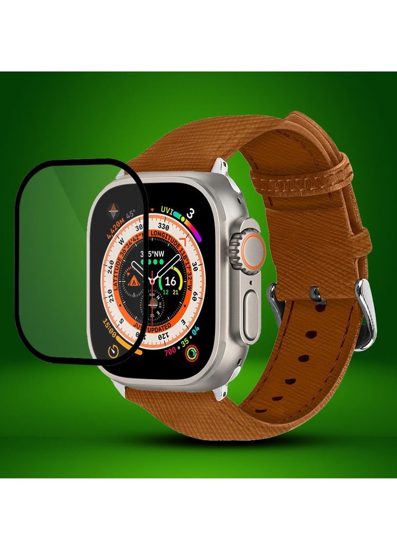 CATANES 2 Packs For Apple Watch Band 49mm Leather Band Buckle Strap Wristband and 3D Screen Protector Saddle Brown  - Image 2