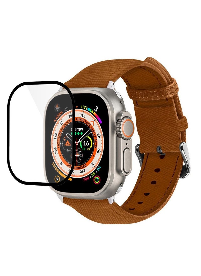 CATANES 2 Packs For Apple Watch Band 49mm Leather Band Buckle Strap Wristband and 3D Screen Protector Saddle Brown  - Image 3