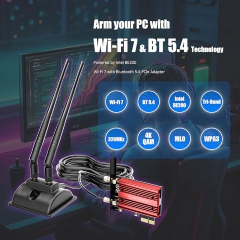 بطاقة WiFi 7 PCIe مع هوائي تمديد 2 متر للكمبيوتر المكتبي، Intel BE200NGW، متوافقة فقط مع إصدار Windows 11 24H2 أو أعلى ولا تدعم اللوحة الأم AMD - Image 2