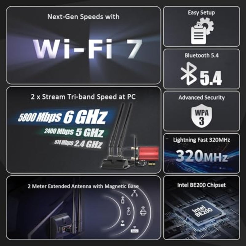 بطاقة WiFi 7 PCIe مع هوائي تمديد 2 متر للكمبيوتر المكتبي، Intel BE200NGW، متوافقة فقط مع إصدار Windows 11 24H2 أو أعلى ولا تدعم اللوحة الأم AMD - Image 3