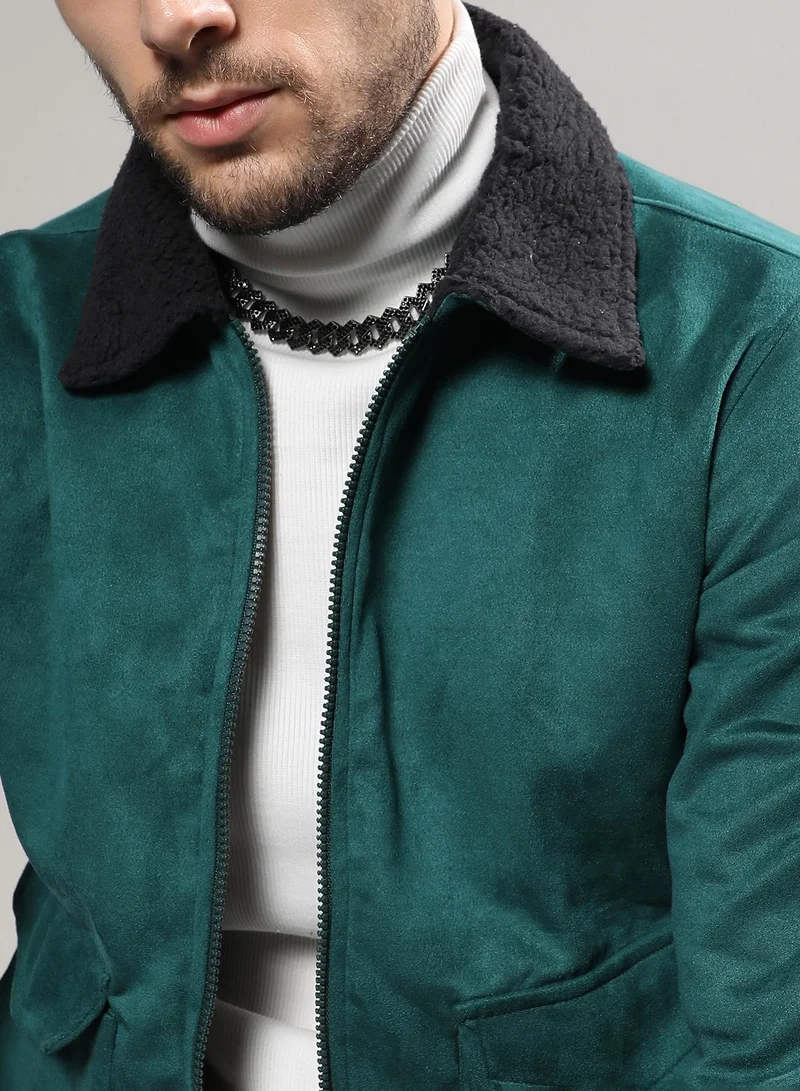 Campus Sutra Men's Forest Green Zip-Front Jacket With Fleece Collar