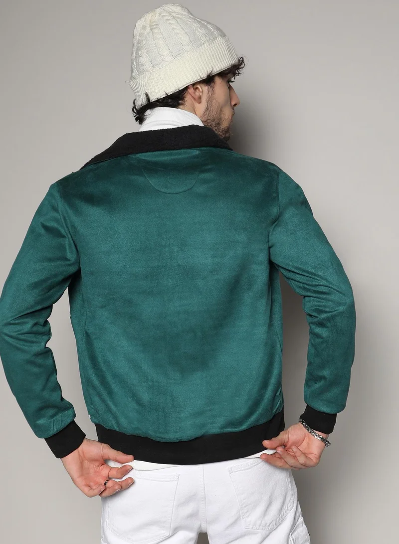 Campus Sutra Men's Forest Green Zip-Front Jacket With Fleece Collar