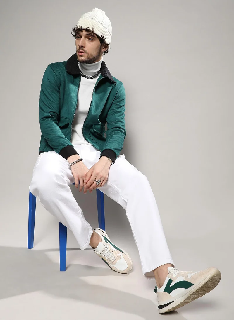 Campus Sutra Men's Forest Green Zip-Front Jacket With Fleece Collar