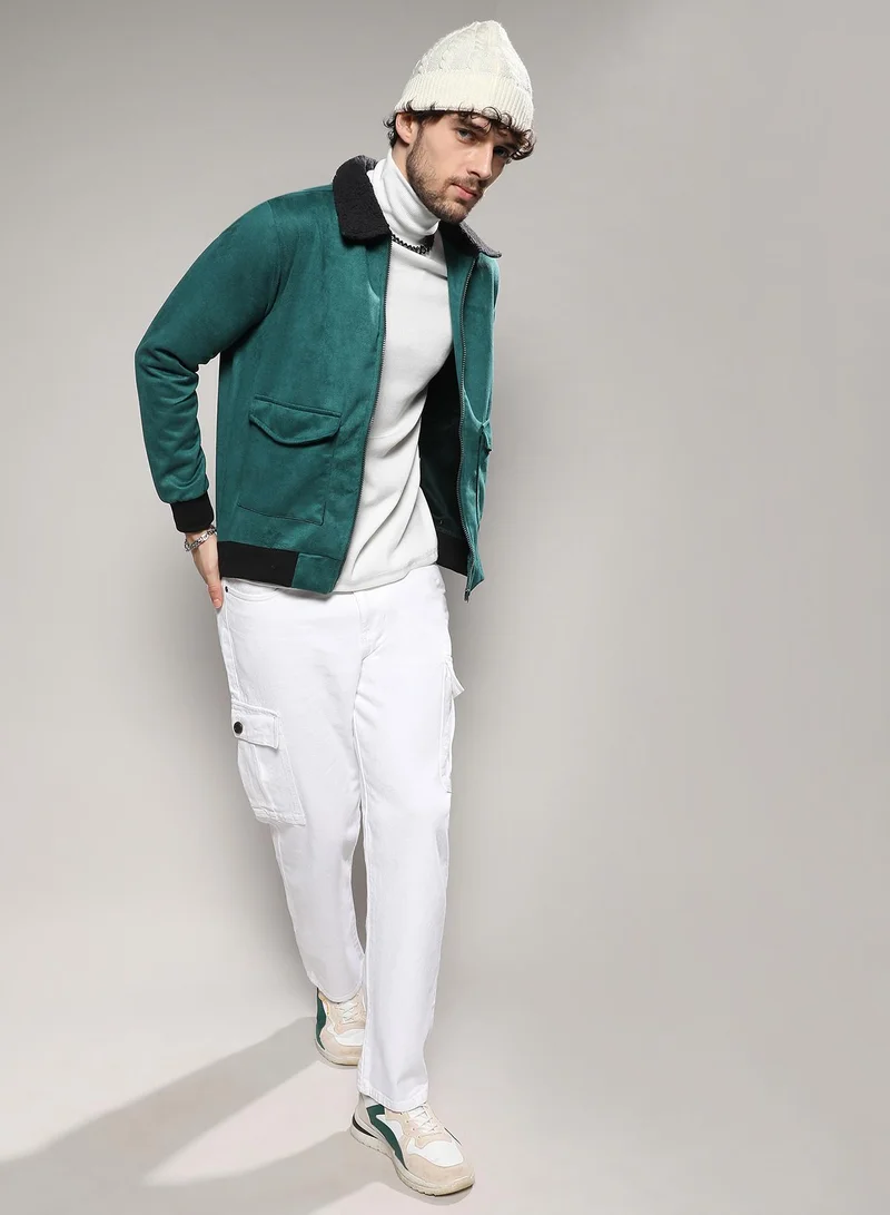 Campus Sutra Men's Forest Green Zip-Front Jacket With Fleece Collar