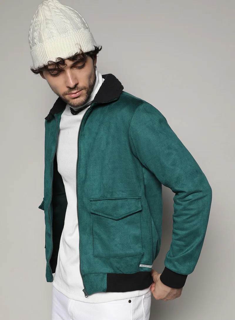 Campus Sutra Men's Forest Green Zip-Front Jacket With Fleece Collar
