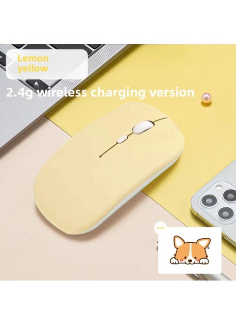 Wireless Mouse Bluetooth Mute Dual-Mode Rechargeable Mouse Laptop Office Silent Unlimited Tablet-Specifications:Lemon Yellow - Wireless Charging Version [same Mouse Pad] - Official Standard