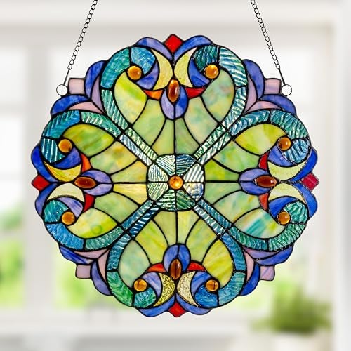 RIVER OF GOODS 12" H Mini Halston Heart Stained Glass Window Panel - Hanging Suncatcher with Stained Glass Panels for Window - Green/Blue - Image 1