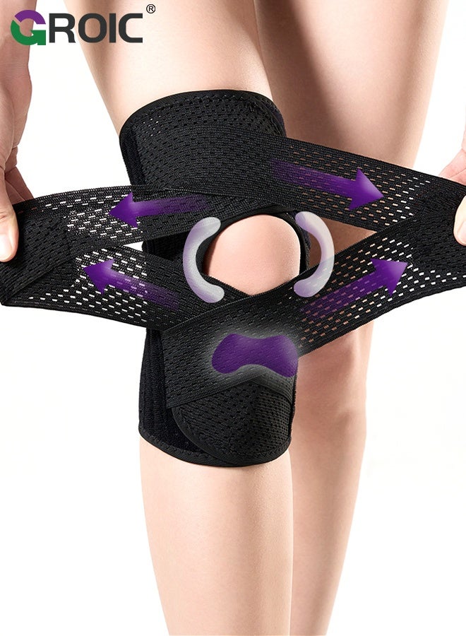 1Pcs Knee Brace with Side Stabilizers for Knee Pain, Adjustable Knee Support with Gel Pads for Meniscus Tear ACL MCL Arthritis Injury Recovery, Breathable Knee Wrap for Men & Women (XL, Black)